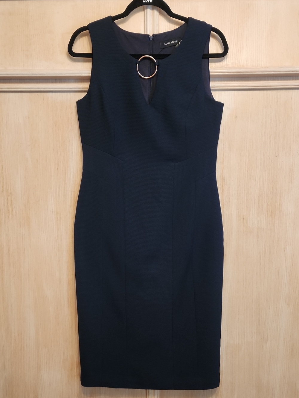 IVANKA TRUMP Sleeveless Navy Sheath Dress with Metal Ring Accent Sz 10